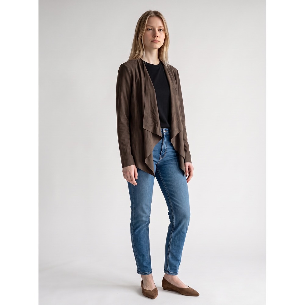 Zara Basic Faux Suede Waterfall Draped Open Front Cardigan Jacket Brown Size M